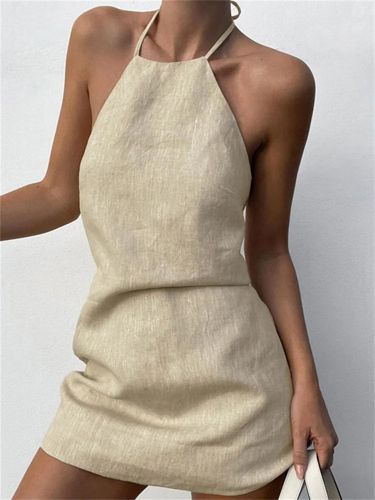 Female Backless Mini Dress Lace-Up Solid Basic Hanging neck Patchwork Casual Off-Shoulder Dress Sexy Fashion Women Dress