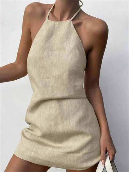 Female Backless Mini Dress Lace-Up Solid Basic Hanging neck Patchwork Casual Off-Shoulder Dress Sexy Fashion Women Dress