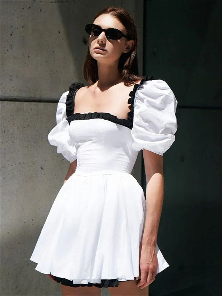 Female Contrast Patchwork MIni Dress Short Sleeve Slim Fashion High Street Holiday Dress Party Gown Ruffled Women Dress