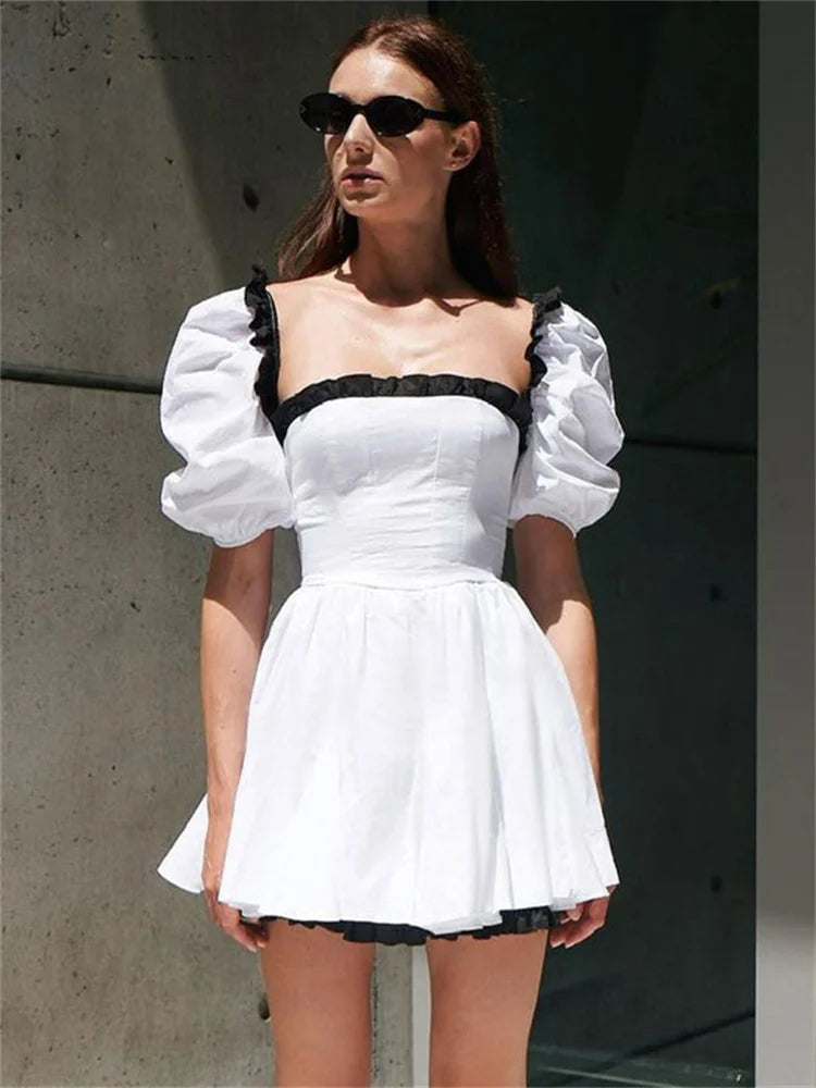 Female Contrast Patchwork MIni Dress Short Sleeve Slim Fashion High Street Holiday Dress Party Gown Ruffled Women Dress