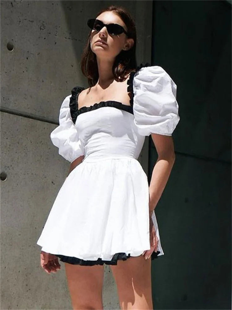 Female Contrast Patchwork MIni Dress Short Sleeve Slim Fashion High Street Holiday Dress Party Gown Ruffled Women Dress