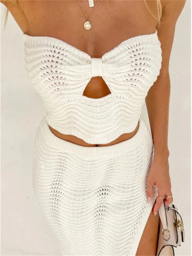 Female Knit Off-Shoulder Midi Skirt 2 Piece-Set High Split Long Skirt And Hollow Out Tube Tops Sets Elegant Ladies Outfits