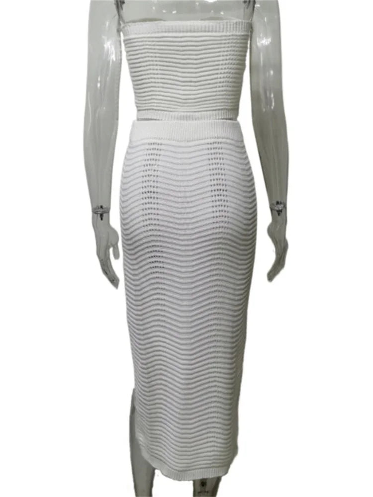 Female Knit Off-Shoulder Midi Skirt 2 Piece-Set High Split Long Skirt And Hollow Out Tube Tops Sets Elegant Ladies Outfits