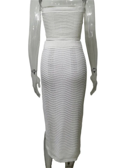 Female Knit Off-Shoulder Midi Skirt 2 Piece-Set High Split Long Skirt And Hollow Out Tube Tops Sets Elegant Ladies Outfits