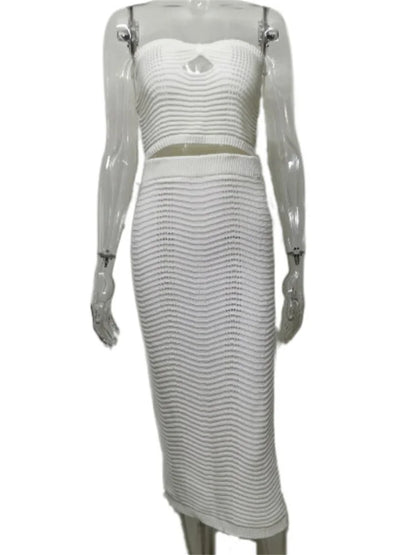 Female Knit Off-Shoulder Midi Skirt 2 Piece-Set High Split Long Skirt And Hollow Out Tube Tops Sets Elegant Ladies Outfits