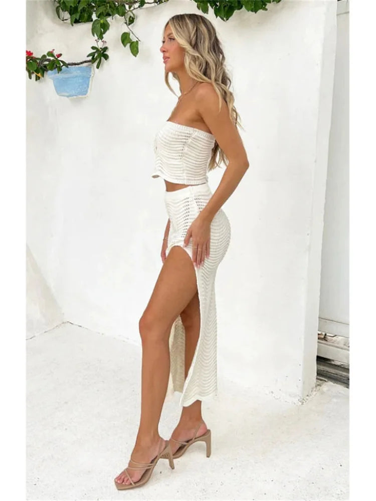 Female Knit Off-Shoulder Midi Skirt 2 Piece-Set High Split Long Skirt And Hollow Out Tube Tops Sets Elegant Ladies Outfits