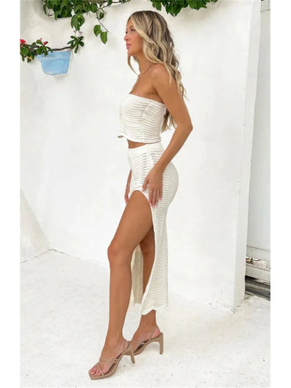 Female Knit Off-Shoulder Midi Skirt 2 Piece-Set High Split Long Skirt And Hollow Out Tube Tops Sets Elegant Ladies Outfits