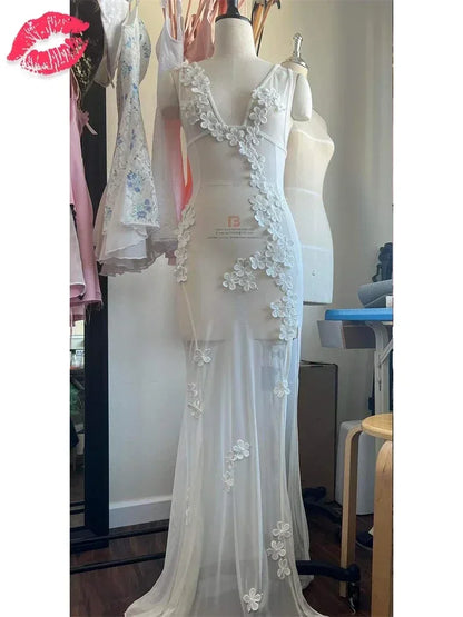 Floral Mesh See-Through Maxi Dress Women Slim High Split Summer Party Dress Gown Backless V-Neck Sexy Female Halter Dress