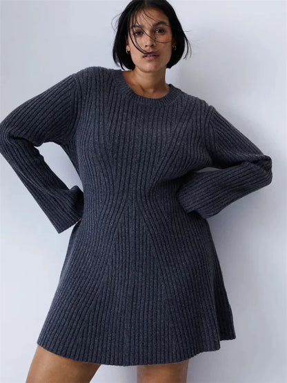 Hollow Out Ribbed Knitwear Mini Dress Female Sexy Loose High Waist Patchwork Party Dress Casual Elegant Knit Women Dress