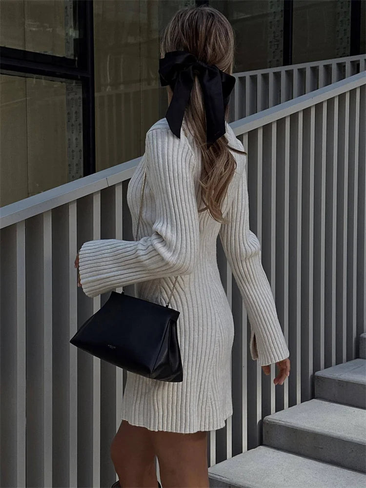 Hollow Out Ribbed Knitwear Mini Dress Female Sexy Loose High Waist Patchwork Party Dress Casual Elegant Knit Women Dress