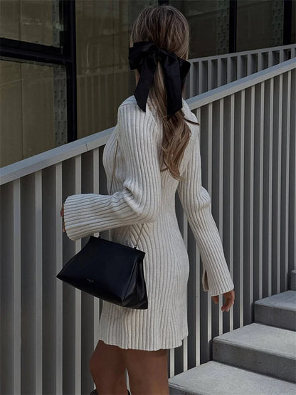 Hollow Out Ribbed Knitwear Mini Dress Female Sexy Loose High Waist Patchwork Party Dress Casual Elegant Knit Women Dress