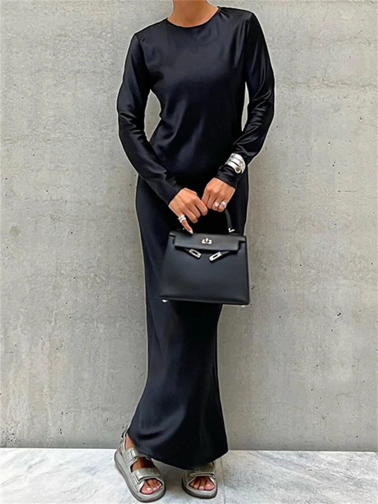 Hollow Out Satin Fashion Maxi Dress Female High Waist Slim Scoop Neck Long Sleeve Dress Solid Zipper Party Dress Summer