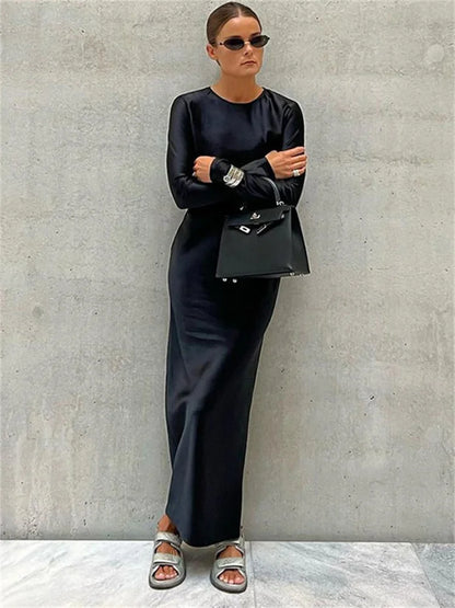 Hollow Out Satin Fashion Maxi Dress Female High Waist Slim Scoop Neck Long Sleeve Dress Solid Zipper Party Dress Summer