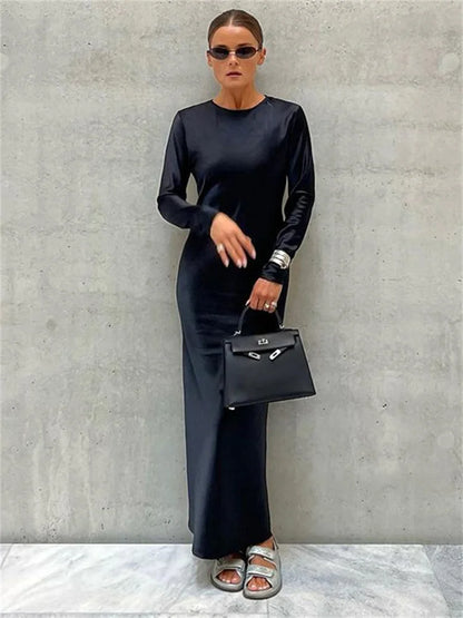 Hollow Out Satin Fashion Maxi Dress Female High Waist Slim Scoop Neck Long Sleeve Dress Solid Zipper Party Dress Summer