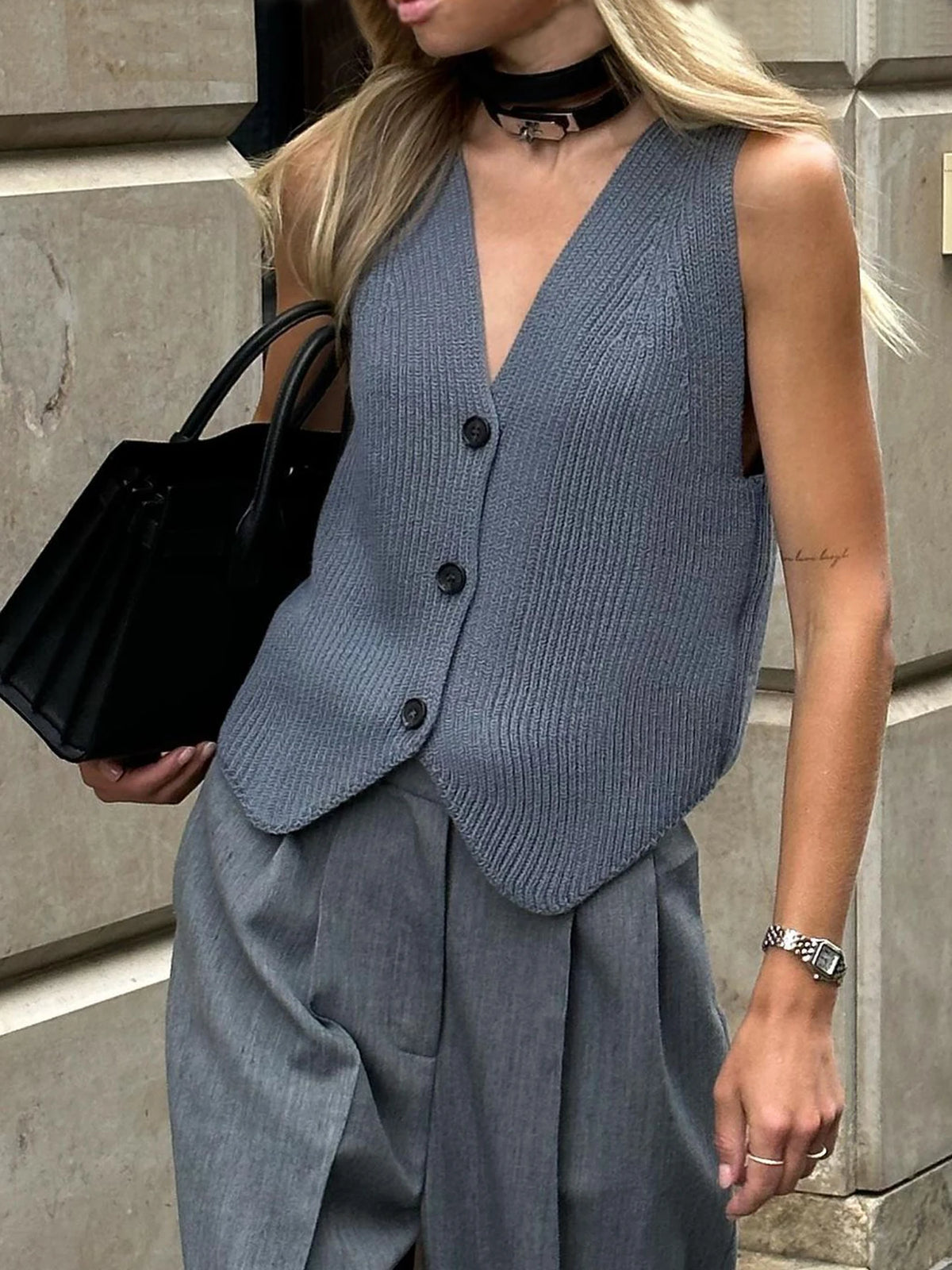 Knit Casual Ribbed Vest Cardigan For Women Solid Slim V-Neck Sleeveless High Waist Outwear Female Loose Knit Vest Sweater