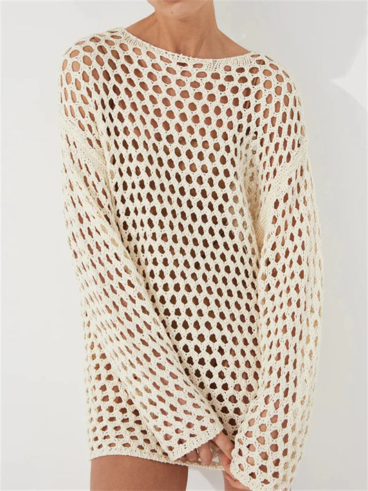 Knit Hollow Out Cover up Mini Dress For Women See-Through Loose Beach Holiday Clothes Summer Patchwork Knitwear Cover up