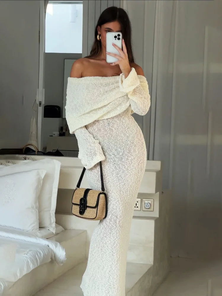 Knit Hollow Out Off-Shoulder Maxi Dress Female Cover up Loose Long Sleeve Holiday Beach Party Dress Women Knitwear Dress