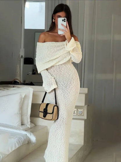 Knit Hollow Out Off-Shoulder Maxi Dress Female Cover up Loose Long Sleeve Holiday Beach Party Dress Women Knitwear Dress