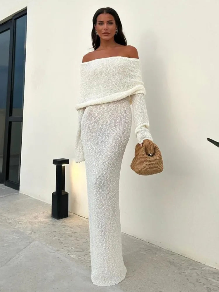 Knit Hollow Out Off-Shoulder Maxi Dress Female Cover up Loose Long Sleeve Holiday Beach Party Dress Women Knitwear Dress