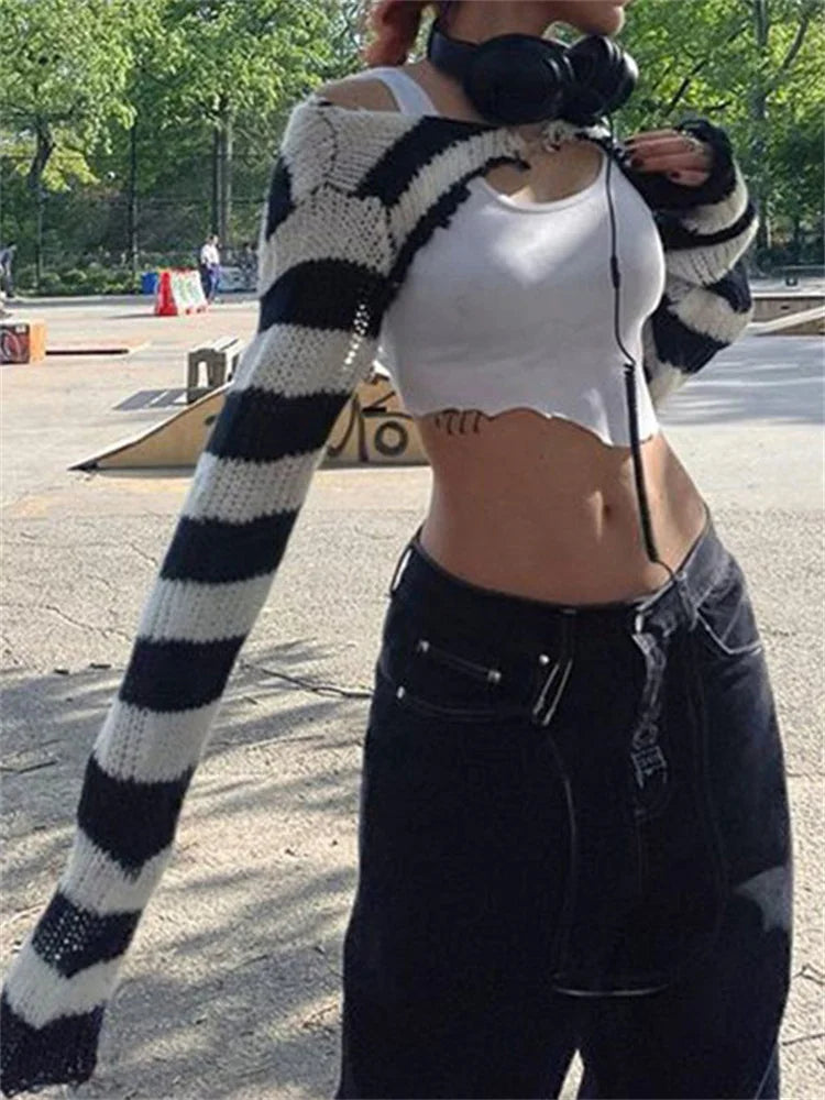 Knit Shrugs Tops For Women Black And White Striped Mini Cardigan Knitwear Long Sleeve Drop Shoulder Shrug Top Y2k E-girls