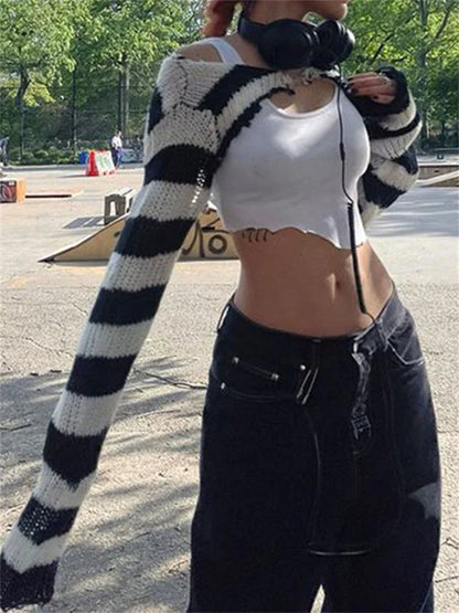 Knit Shrugs Tops For Women Black And White Striped Mini Cardigan Knitwear Long Sleeve Drop Shoulder Shrug Top Y2k E-girls