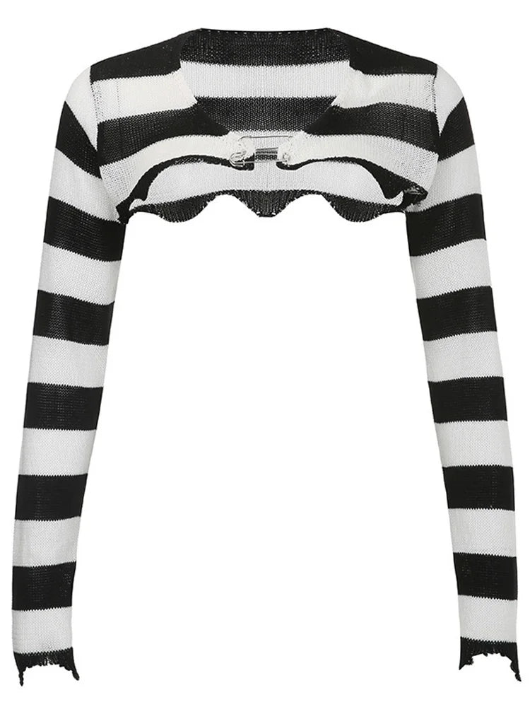 Knit Shrugs Tops For Women Black And White Striped Mini Cardigan Knitwear Long Sleeve Drop Shoulder Shrug Top Y2k E-girls