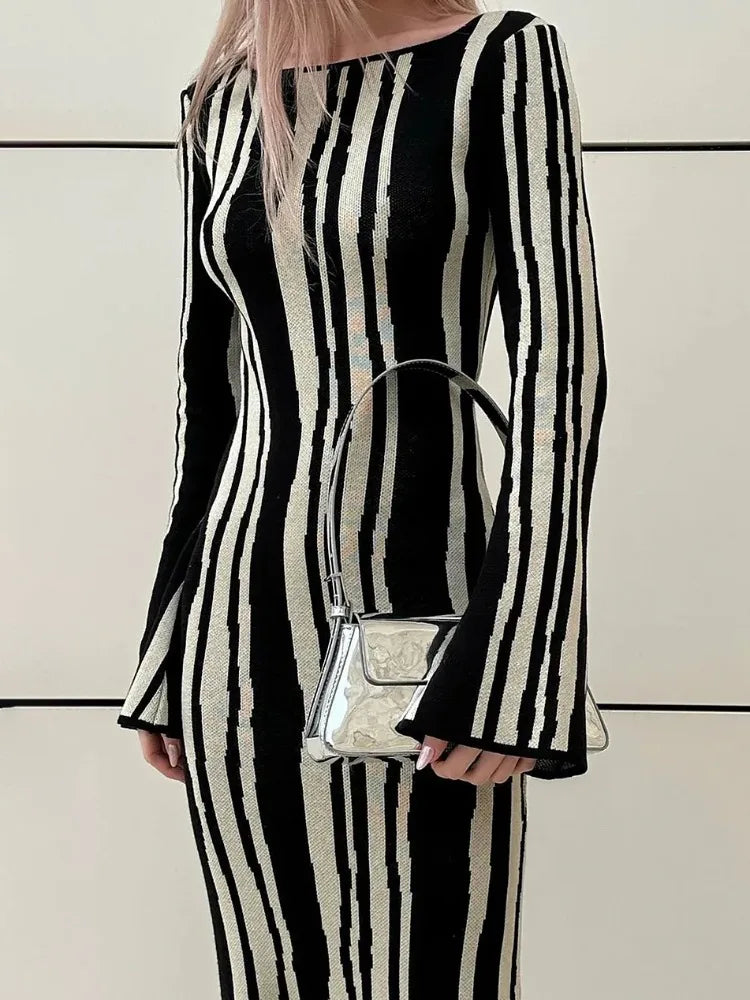 Knit Striped Wrap Dress For Women Fashion Contrast High Street Slim Fashion Long Dress Pullover Knitwear High Waist Dress