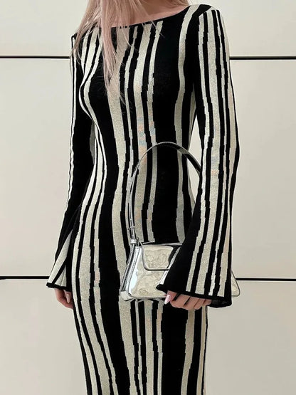 Knit Striped Wrap Dress For Women Fashion Contrast High Street Slim Fashion Long Dress Pullover Knitwear High Waist Dress