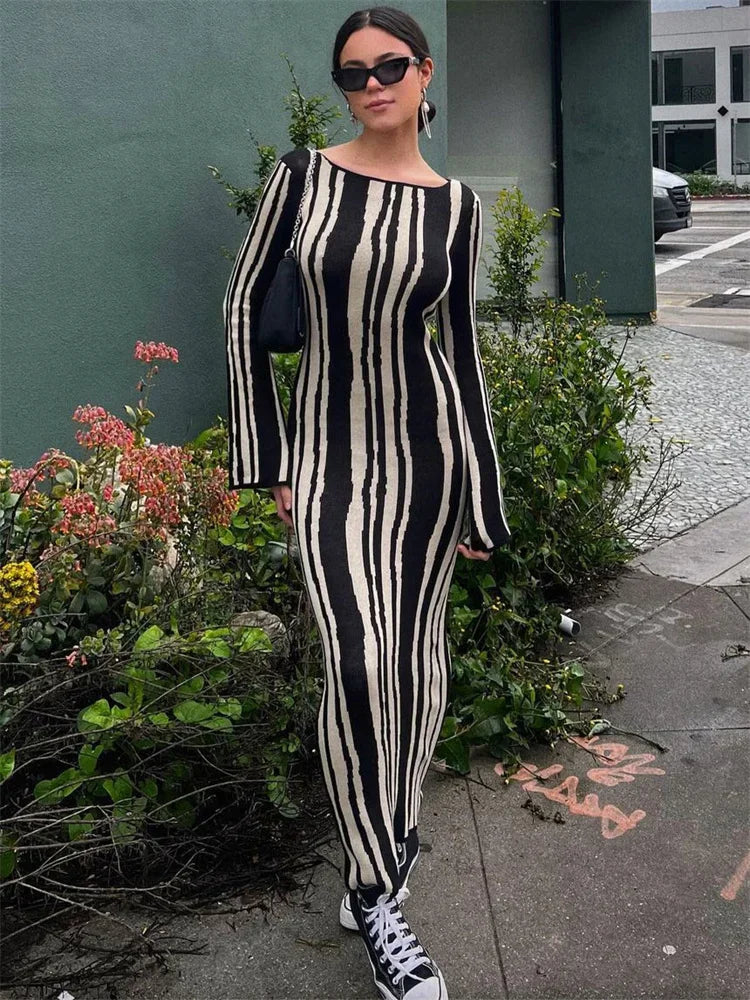 Knit Striped Wrap Dress For Women Fashion Contrast High Street Slim Fashion Long Dress Pullover Knitwear High Waist Dress