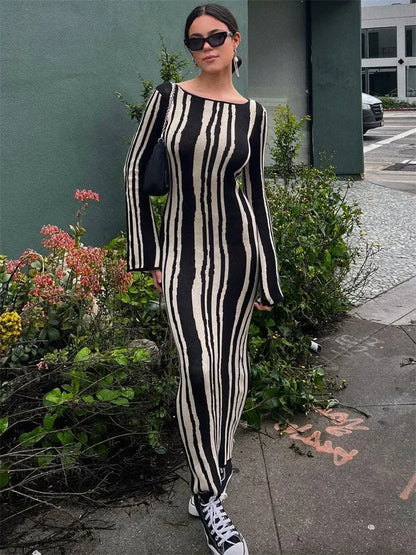 Knit Striped Wrap Dress For Women Fashion Contrast High Street Slim Fashion Long Dress Pullover Knitwear High Waist Dress