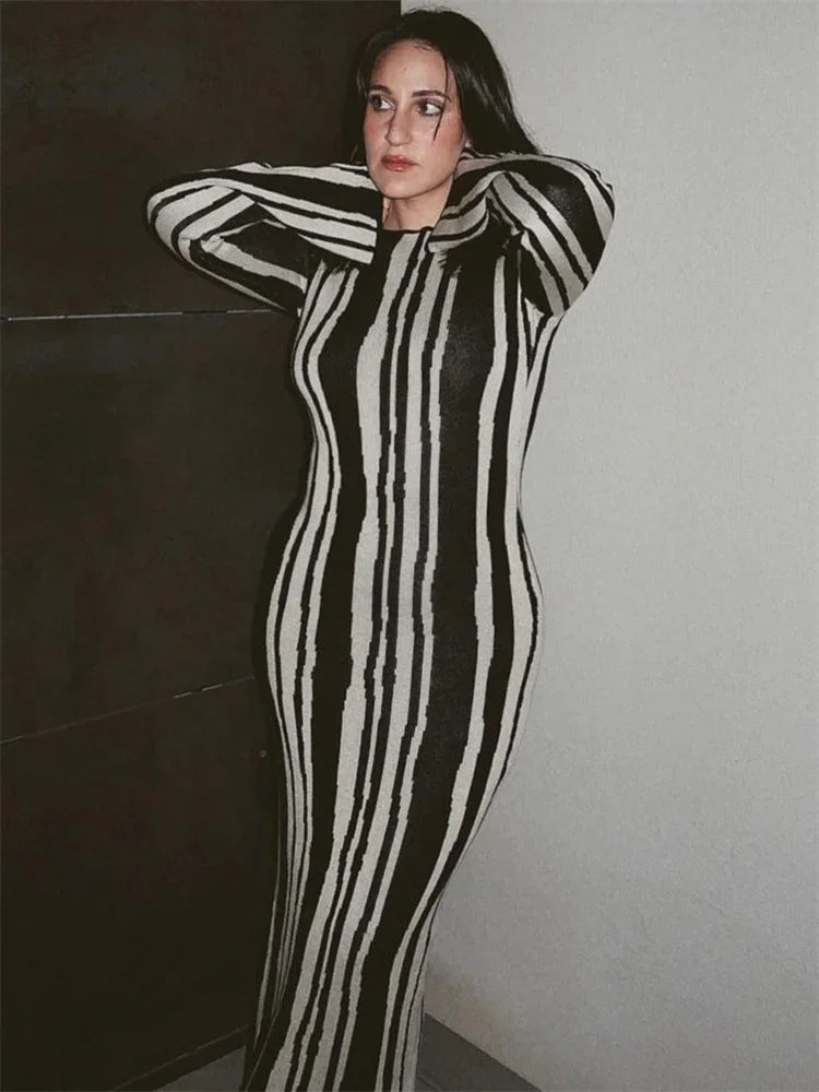 Knit Striped Wrap Dress For Women Fashion Contrast High Street Slim Fashion Long Dress Pullover Knitwear High Waist Dress