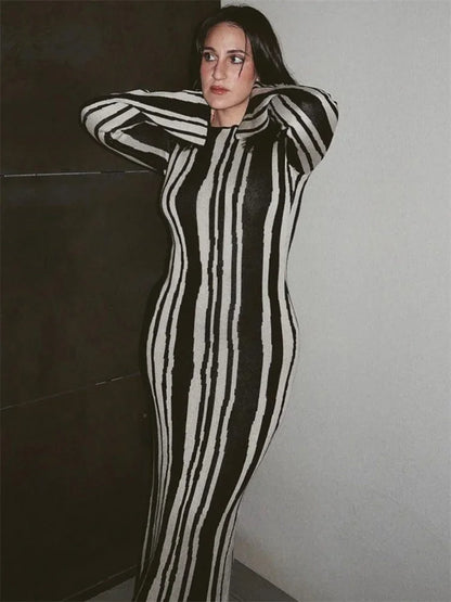 Knit Striped Wrap Dress For Women Fashion Contrast High Street Slim Fashion Long Dress Pullover Knitwear High Waist Dress