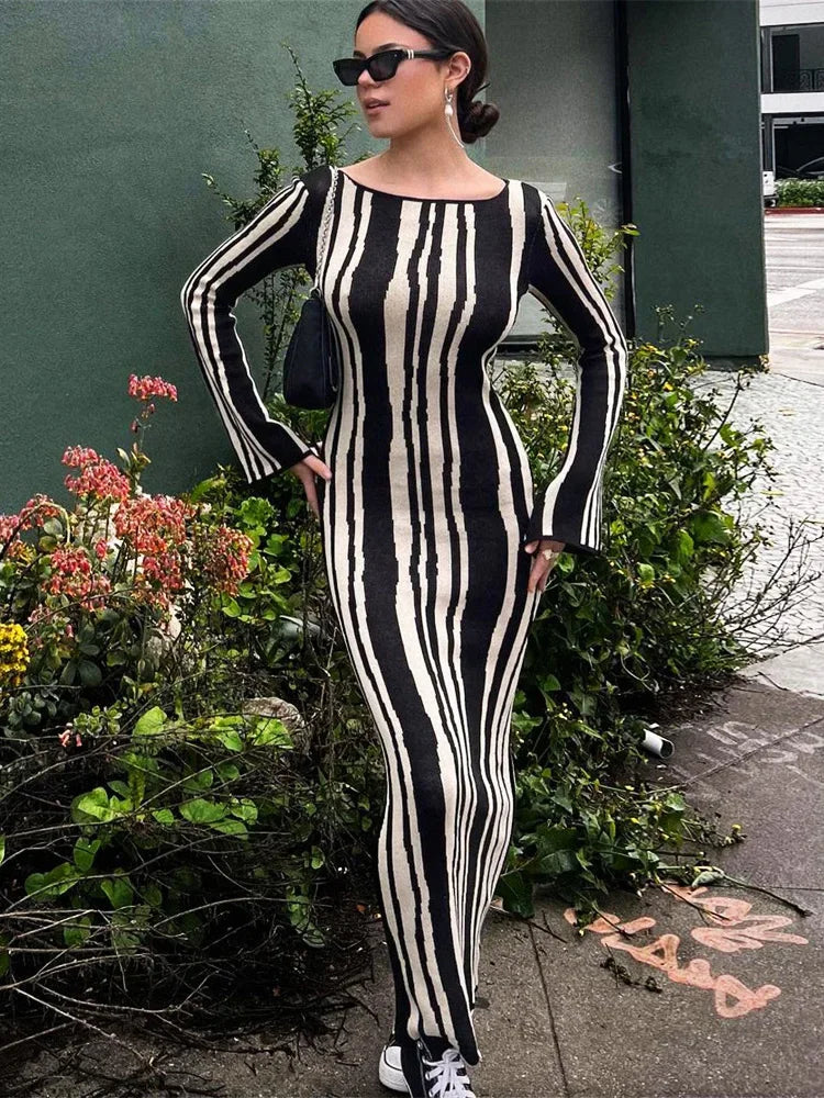 Knit Striped Wrap Dress For Women Fashion Contrast High Street Slim Fashion Long Dress Pullover Knitwear High Waist Dress