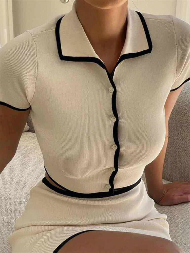 Knit Sweater 2 Piece-Set Women Lapel Cropped Short Sleeve Cardigan And Mini Skirt Sets Female Knitwear Short Skirt Outfits