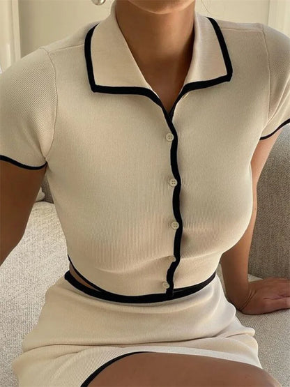 Knit Sweater 2 Piece-Set Women Lapel Cropped Short Sleeve Cardigan And Mini Skirt Sets Female Knitwear Short Skirt Outfits