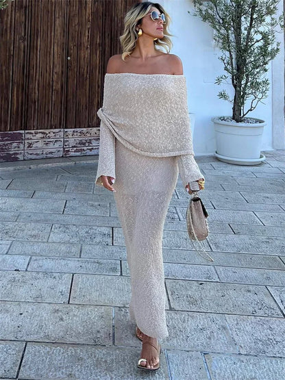 Knit Sweater Loose Maxi Dress Female Hollow Out Summer Patchwork High Waist Beach Holiday Dress Knitwear Long Dress 2025