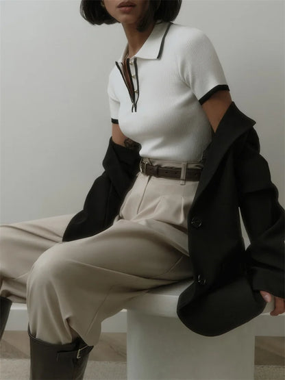 Knit Sweater Pullover Women Short Sleeve Patchwork Slim Lapel Elegant Contrast Knitwear Top Female Skinny Ribbed Pullover