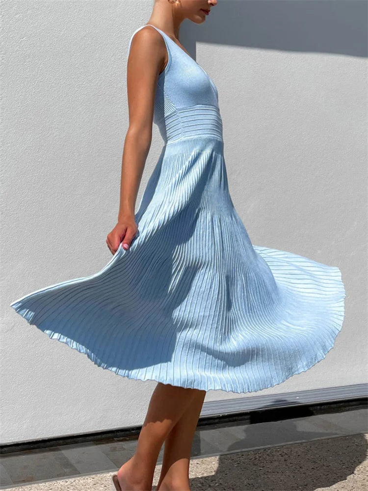 Knit V-Neck For Women Maxi Dress Y2k Backless Fashion Knitwear Party Dress Casual Baggy High Waist Summer Female Dress