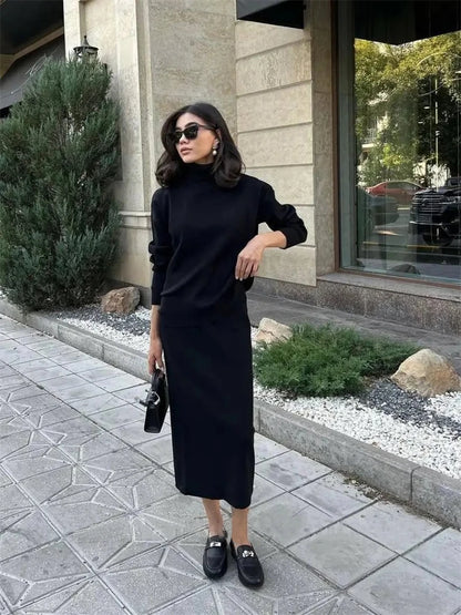 Knitted 2 Piece Outfit Set Casual Long Sleeve Sweater Top And Pencil Long Skirts Elegant Autumn Two Piece Sweater Sets