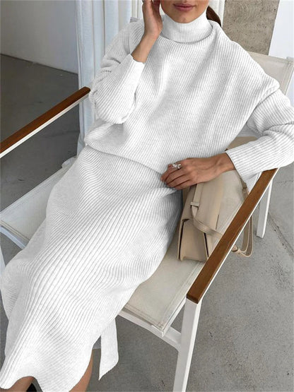 Knitted 2 Piece Outfit Set Casual Long Sleeve Sweater Top And Pencil Long Skirts Elegant Autumn Two Piece Sweater Sets