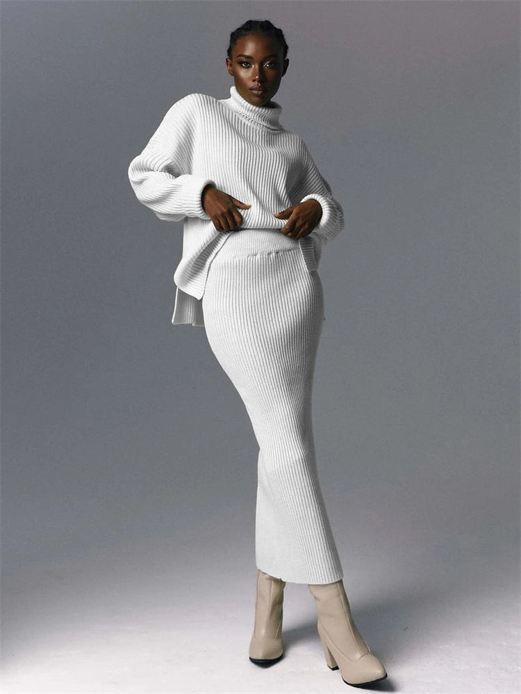 Knitted 2 Piece Outfit Set Casual Long Sleeve Sweater Top And Pencil Long Skirts Elegant Autumn Two Piece Sweater Sets