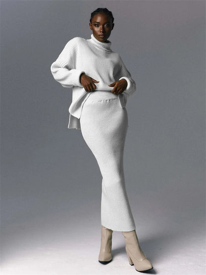 Knitted 2 Piece Outfit Set Casual Long Sleeve Sweater Top And Pencil Long Skirts Elegant Autumn Two Piece Sweater Sets