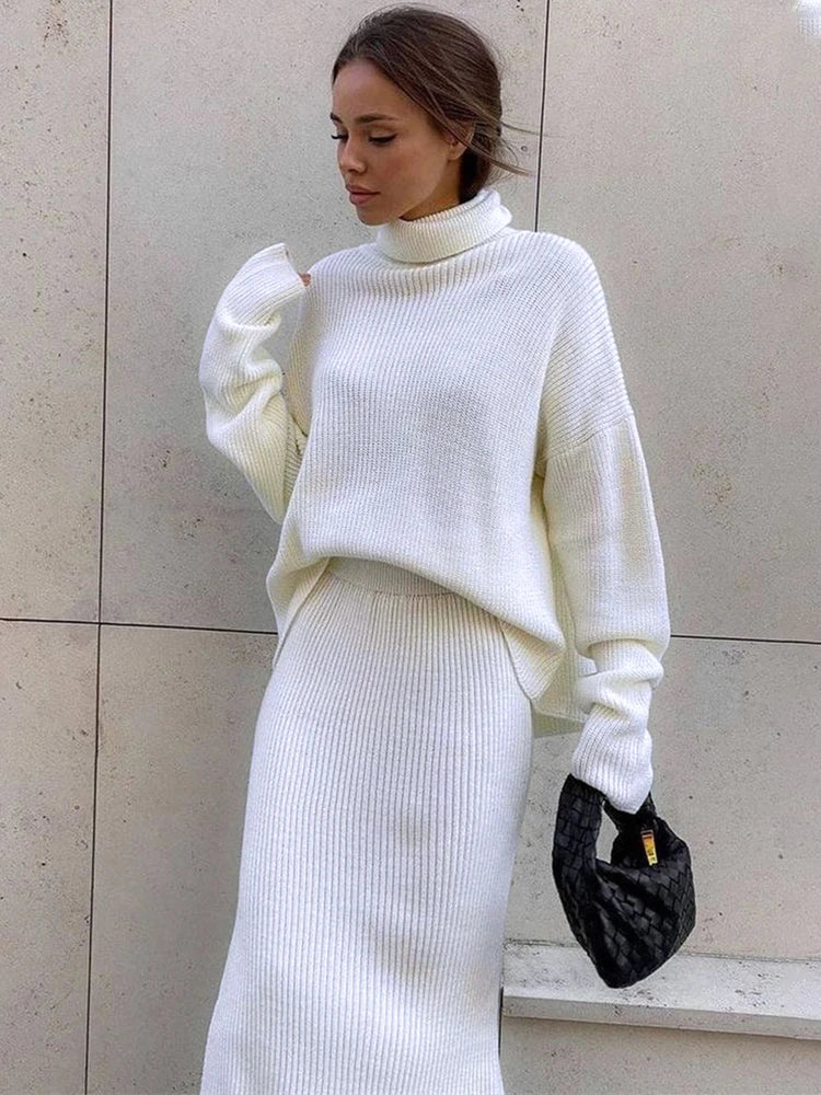 Knitted 2 Piece Outfit Set Casual Long Sleeve Sweater Top And Pencil Long Skirts Elegant Autumn Two Piece Sweater Sets