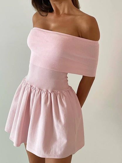 Knitted Off Shoulder Mini Dress Patchwork Ruffled Edge Slash Neck Solid Beach Holiday Princess Dress Cover Up Summer Women