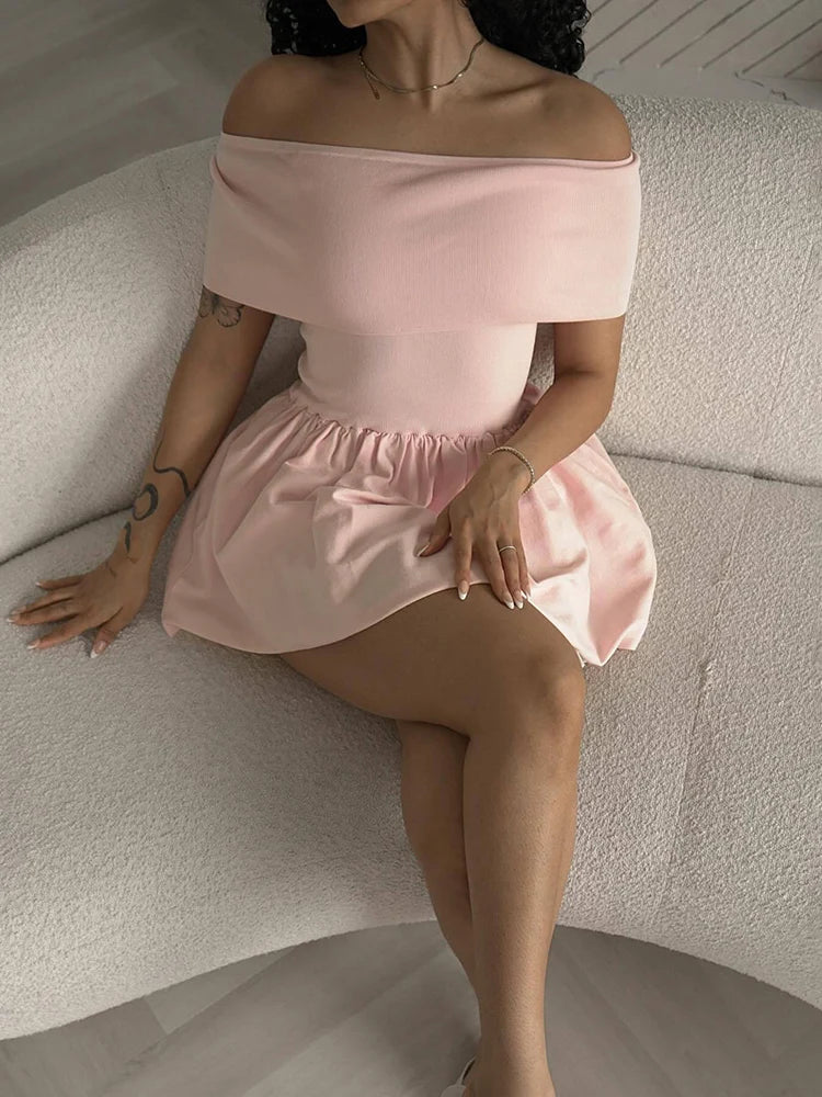 Knitted Off Shoulder Mini Dress Patchwork Ruffled Edge Slash Neck Solid Beach Holiday Princess Dress Cover Up Summer Women
