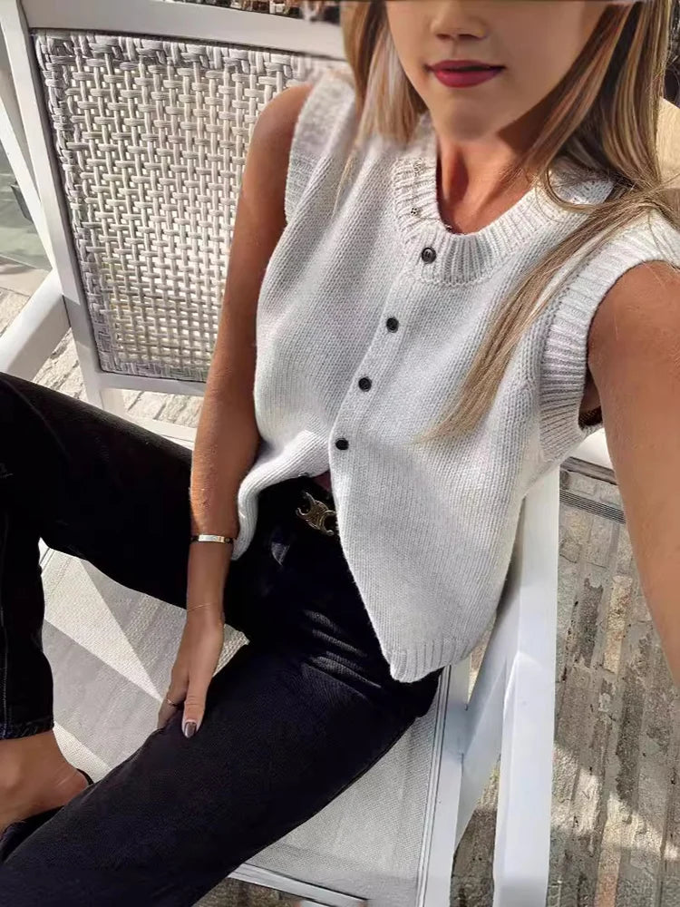 Knitted Vests Top For Women Casual Single-Breasted Knitwear Cardigan Tank Sweater Female Solid Sleeveless 2025 Fashion