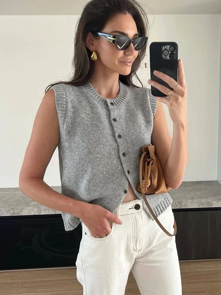 Knitted Vests Top For Women Casual Single-Breasted Knitwear Cardigan Tank Sweater Female Solid Sleeveless 2025 Fashion