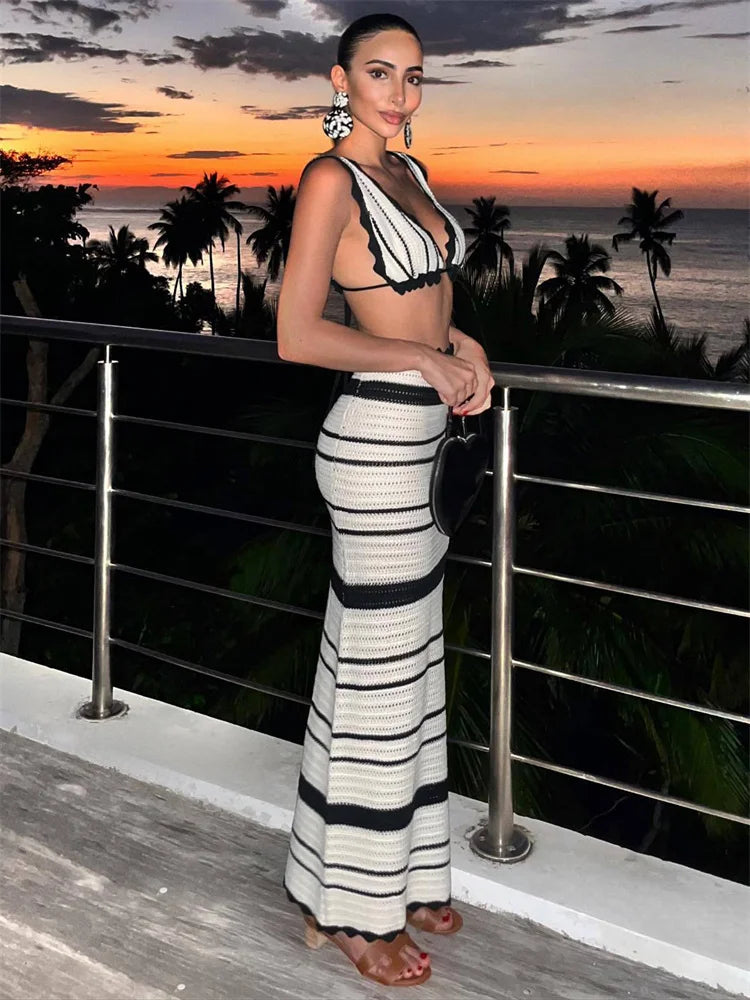 Knitwear 2 Piece-Set Striped Maxi Skirt Female Bustier Bandage And High Waist Long Skirt Sets Fashion Summer Women Outfits