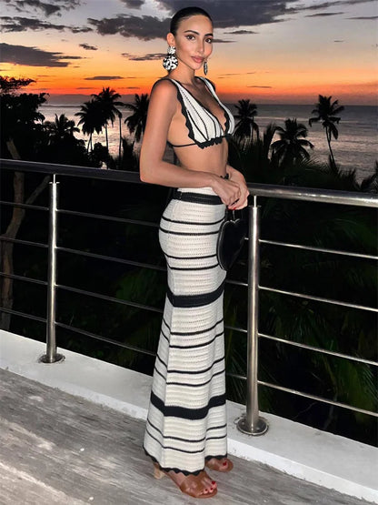 Knitwear 2 Piece-Set Striped Maxi Skirt Female Bustier Bandage And High Waist Long Skirt Sets Fashion Summer Women Outfits