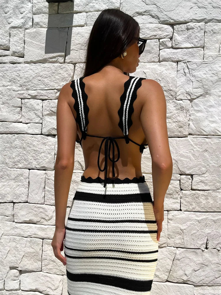 Knitwear 2 Piece-Set Striped Maxi Skirt Female Bustier Bandage And High Waist Long Skirt Sets Fashion Summer Women Outfits